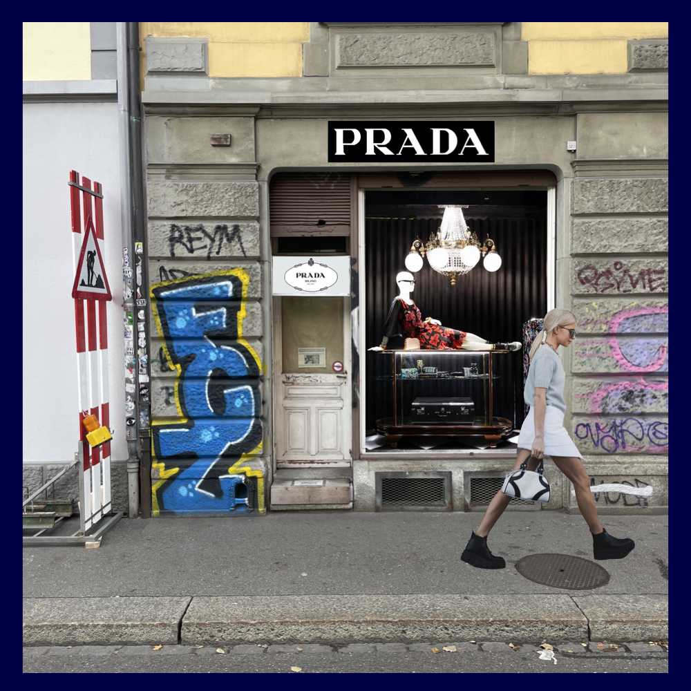 Prada-Shop an der Limmatstrasse, gegenüber Löwenbräu. (Collage: jvr.)